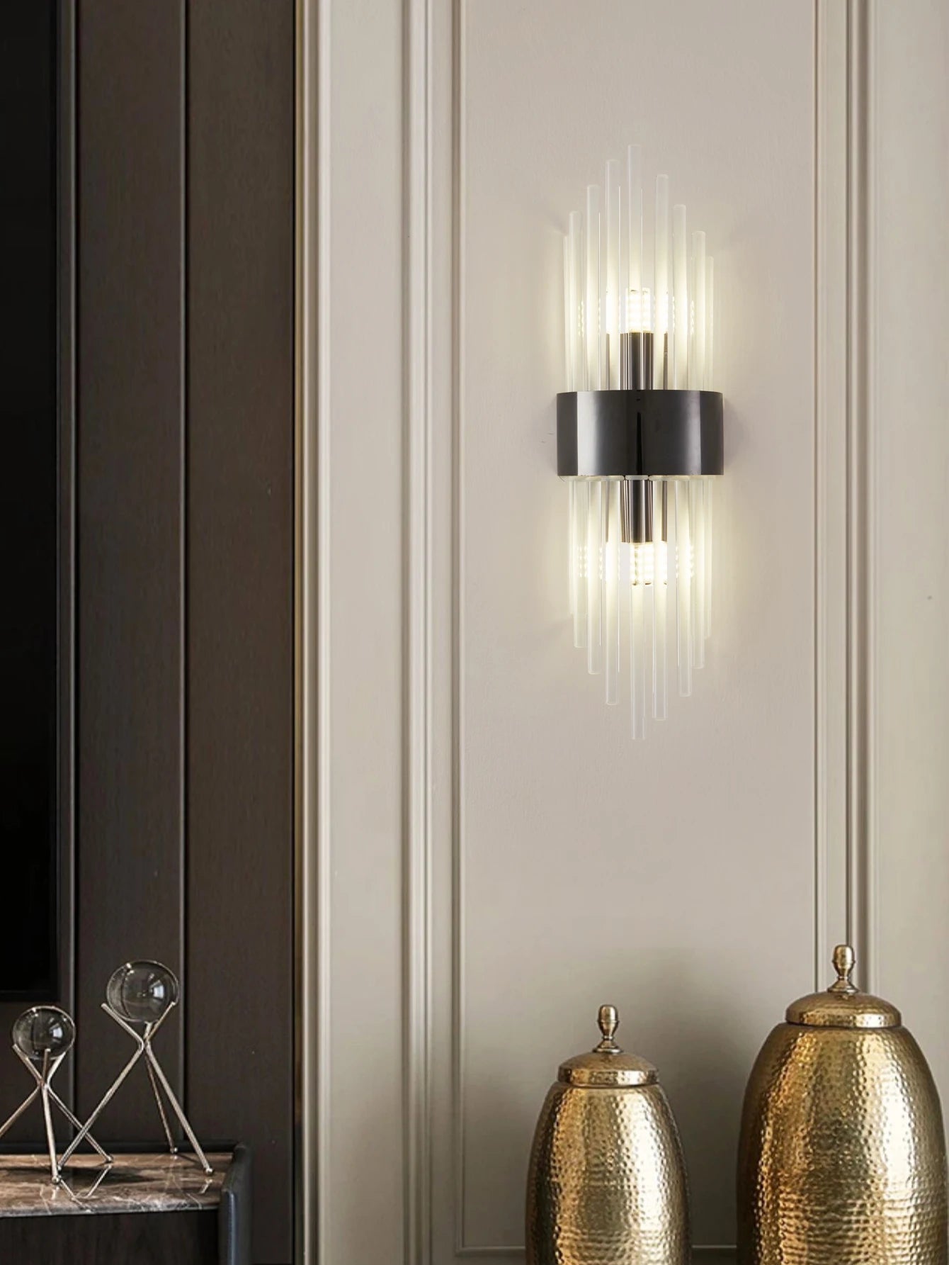 Applique da Parete in Acciaio Inox Nero & Oro con Cristallo
