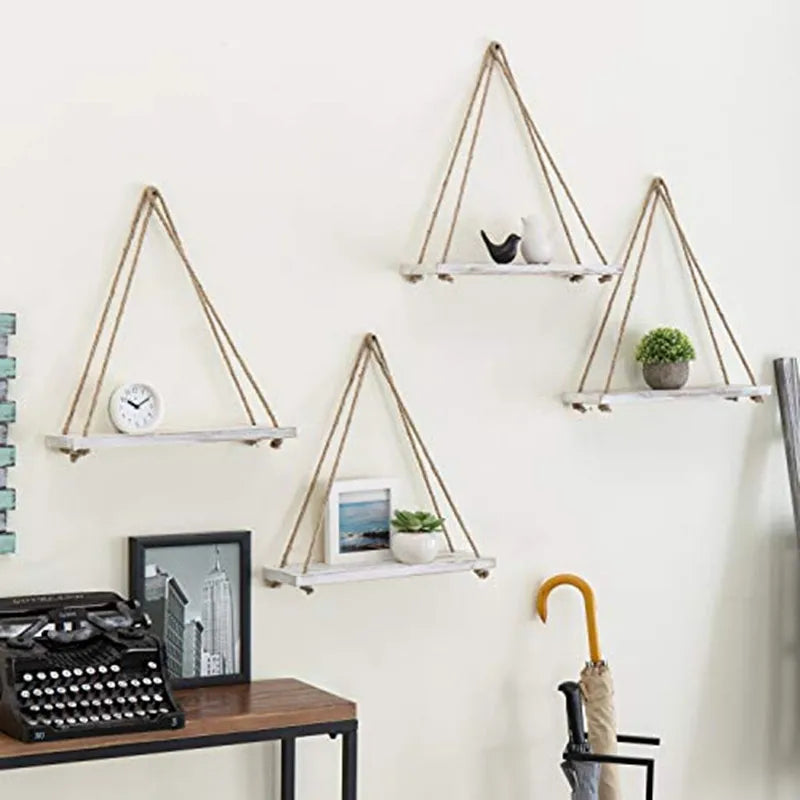 Mensola Sospesa in Legno con Corda – Design a Dondolo