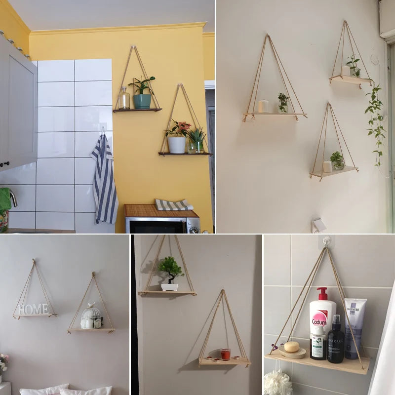Mensola Sospesa in Legno con Corda – Design a Dondolo