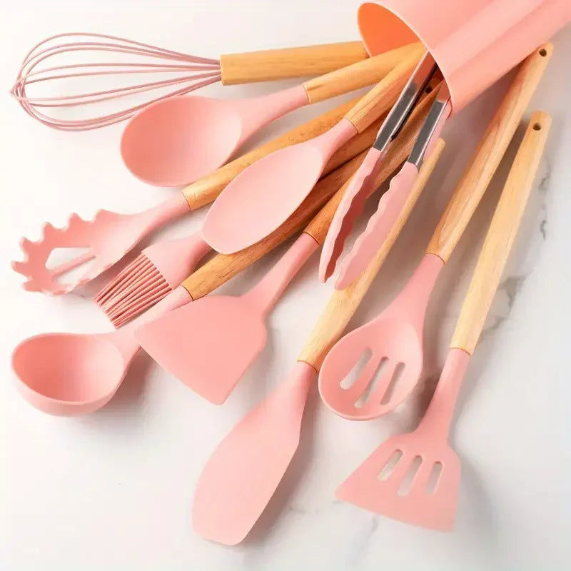 Set Utensili da Cucina 12 Pezzi in Silicone con Manico in Legno – Multicolore