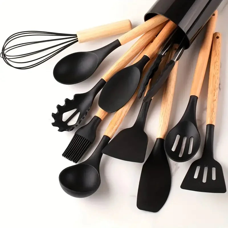 Set Utensili da Cucina 12 Pezzi in Silicone con Manico in Legno – Multicolore