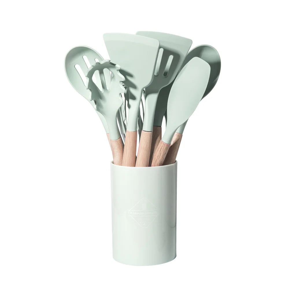 Set Utensili da Cucina 12 Pezzi in Silicone con Manico in Legno – Multicolore
