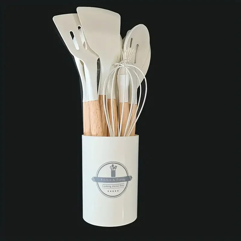 Set Utensili da Cucina 12 Pezzi in Silicone con Manico in Legno – Multicolore