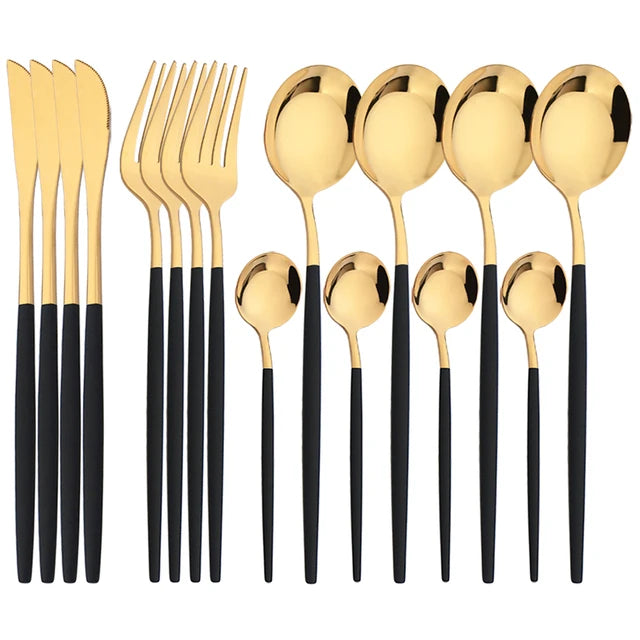Set di Posate 16 Pezzi in Acciaio Inossidabile – Finitura Nera Lucida