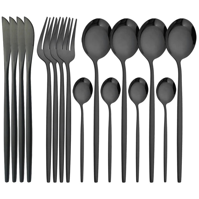 Set di Posate 16 Pezzi in Acciaio Inossidabile – Finitura Nera Lucida