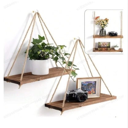 Mensola Sospesa in Legno con Corda – Design a Dondolo